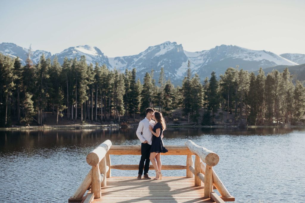 Rocky mountain national park wedding and elopement, couple at sprague lake, sprague lake elopement, how to elope at sprague lake, sprague lake at sunset