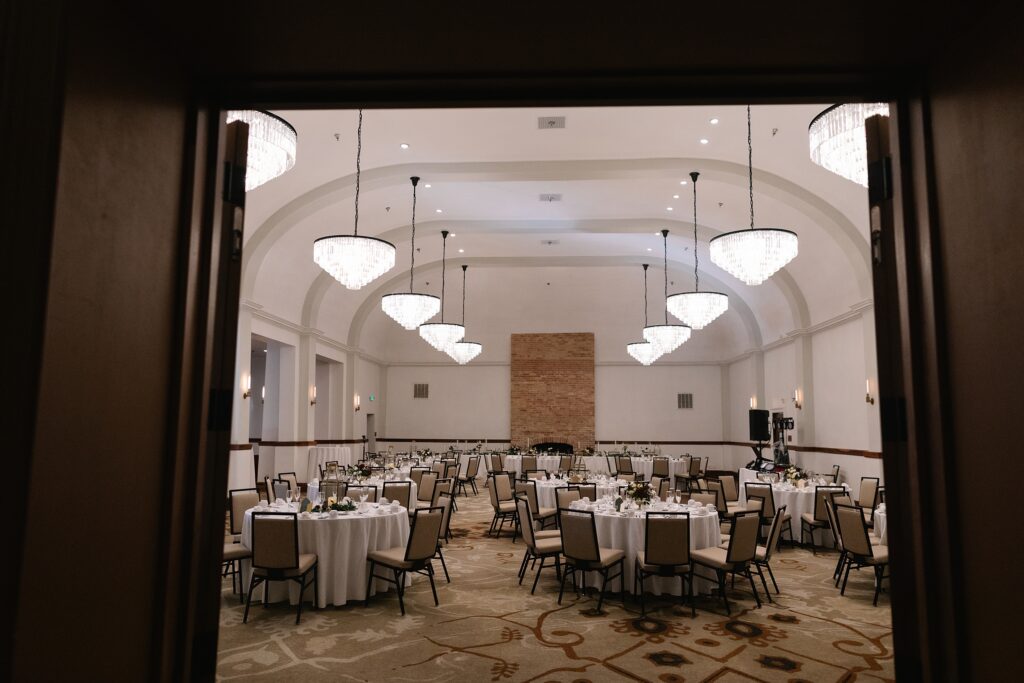 Winter wedding at Hotel Colorado, winter wedding, hotel wedding venue, Glenwood Springs wedding photographer, classy wedding venues, strapless wedding dress, editorial wedding photos, Colorado wedding photographer, Leah Goetzel Photography, reception space at Hotel Colorado, ballroom wedding