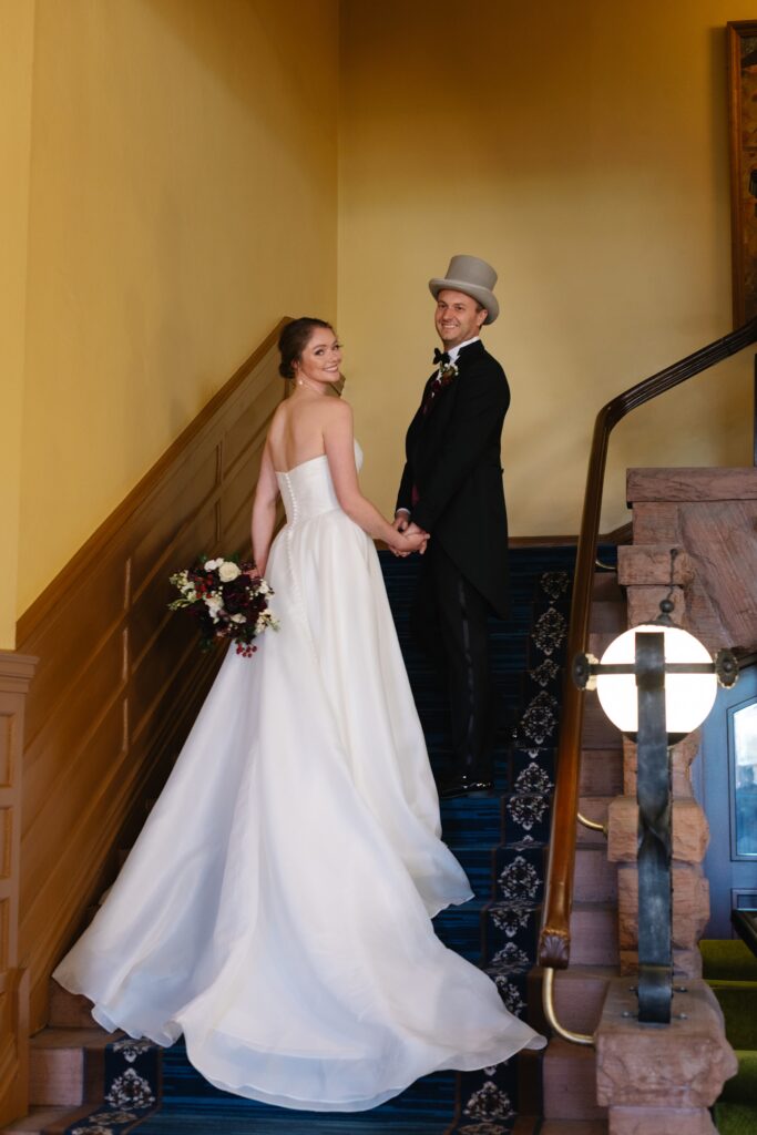 Winter wedding at Hotel Colorado, winter wedding, hotel wedding venue, Glenwood Springs wedding photographer, classy wedding venues, strapless wedding dress, editorial wedding photos, Colorado wedding photographer, Leah Goetzel Photography