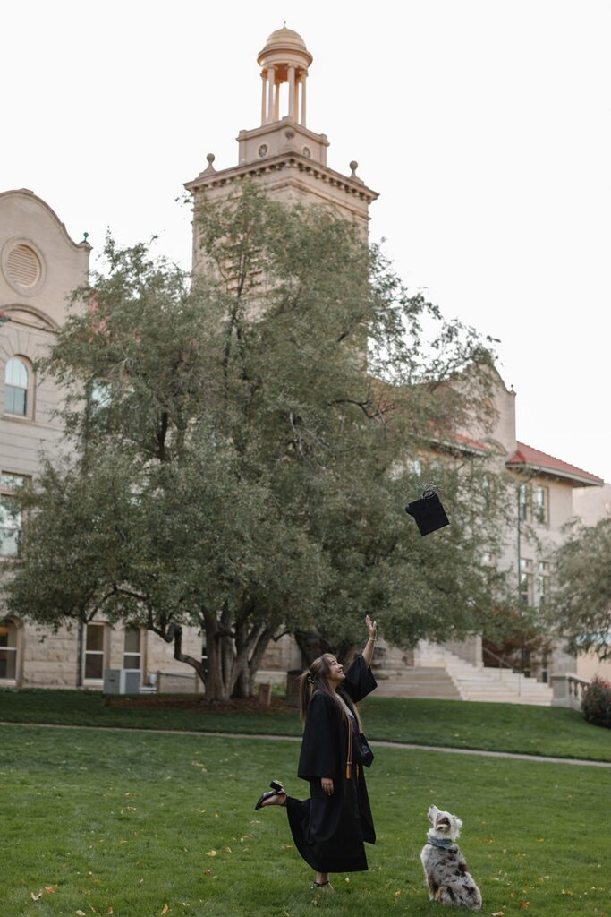 Golden senior photographer, Colorado senior photographer, candid senior photography, senior photography inspiration, senior photo pose ideas, senior photos with dog, graduation photos Colorado school of Mines